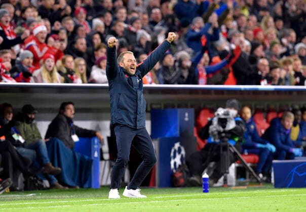 11 12 2019, football UEFA Champions League 2019 2020, group stage, 6 matchday, FC Bayern Munich Tottenham Hotspur, in the Allianz Arena Munich, coach Hans Dieter Flick FC Bayern Munich cheers DFL and DFB regulations prohibit any use of photographs as image sequences and or quasi video