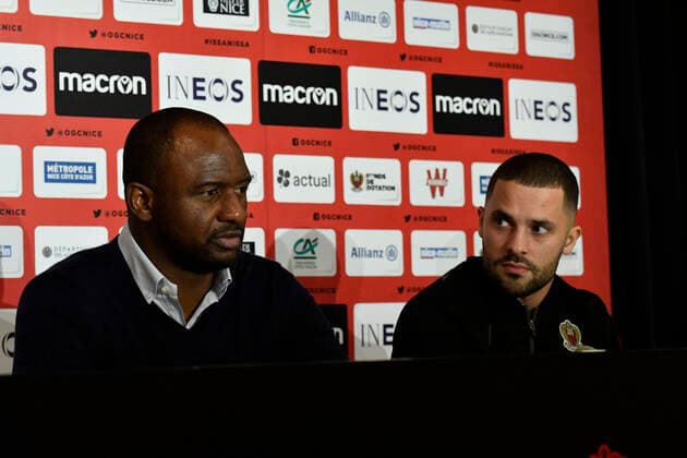 Patrick Vieira (entraineur de l OGC Nice) - Riza Durmisi (OGC Nice) Football : Presentation de Riza Durmisi nouvelle recrue de l OGC Nice - Nice - 12 12 2019 NorbertScanella PanoramiC 