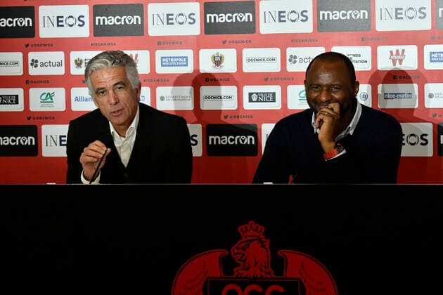 Jean Pierre Rivere (president de l OGC Nice) - Patrick Vieira (entraineur de l OGC Nice) Football : Presentation de Riza Durmisi nouvelle recrue de l OGC Nice - Nice - 12 12 2019 NorbertScanella PanoramiC 