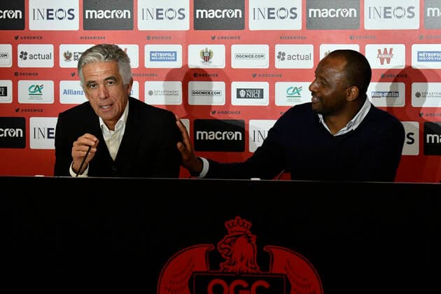 Jean Pierre Rivere (president de l OGC Nice) - Patrick Vieira (entraineur de l OGC Nice) Football : Presentation de Riza Durmisi nouvelle recrue de l OGC Nice - Nice - 12 12 2019 NorbertScanella PanoramiC 