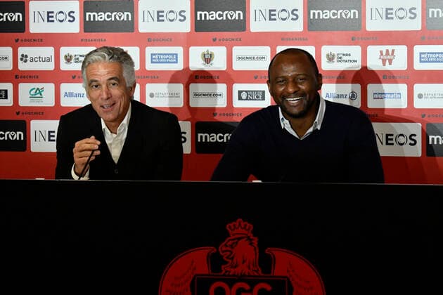 Jean Pierre Rivere (president de l OGC Nice) - Patrick Vieira (entraineur de l OGC Nice) Football : Presentation de Riza Durmisi nouvelle recrue de l OGC Nice - Nice - 12 12 2019 NorbertScanella PanoramiC 