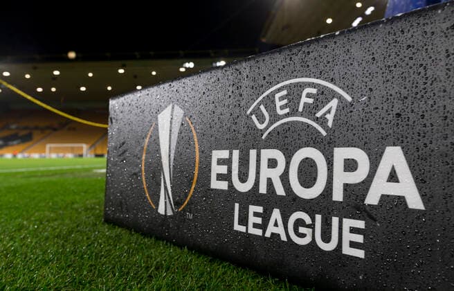 12th December 2019; Molineux Stadium, Wolverhampton, West Midlands, England; UEFA Europa League Football, Wolverhampton Wanderers versus Besiktas; A rain covered UEFA Europa League logo on pitch side before the match - Editorial Use  ActionPlus12195688 RolandxHarrison
