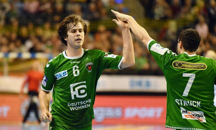 Jacob Tandrup Holm Füchse , cheers for a goal, right Kevin Struck Füchse , Füchse Berlin THW Kiel 1 Bundesliga, DKB Handballbundesliga, 2019 2020 Men, Men, Handball, Germany, Germany, Max Schmeling Halle Berlin, 12 12 2019