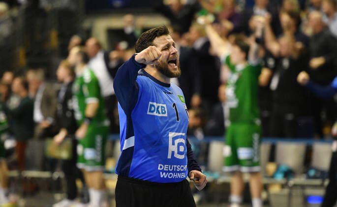 Martin Ziemer Goalkeeper Foxes , cheers foxes Berlin THW Kiel 1 Bundesliga, DKB Handballbundesliga, 2019 2020 Men, Men, Men, Handball, Germany, Germany, Max Schmeling Halle Berlin, 12 12 2019