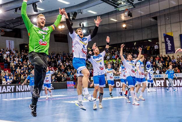 Jubilee at TVB Stutgart Bitter, Johannes TVB Stuttgart 1 Faluvegi, Rudolf TVB Stuttgart 8 Spaeth, Manuel TVB Stuttgart 9 Markotic, Robert TVB Stuttgart 13 at the match in the Handball Bundesliga, TVB 1898 Stuttgart MT Melsungen Stuttgart 12 12 19 Handball , Stuttgart Baden Wuerttemberg Germany SCHARRena