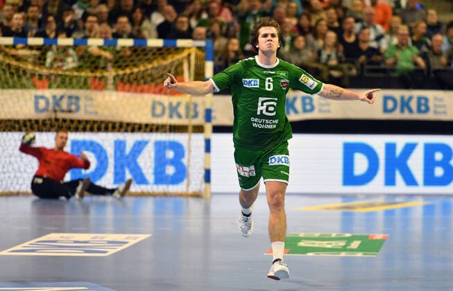 Jacob Tandrup Holm Füchse , cheers after a goal Füchse Berlin THW Kiel 1 Bundesliga, DKB Handballbundesliga, 2019 2020 Men, Men, Handball, Germany, Germany, Max Schmeling Halle Berlin, 12 12 2019