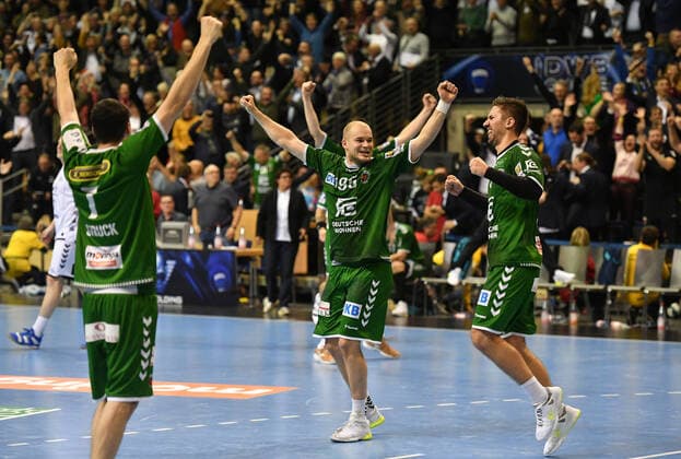Kevin Struck Füchse , Paul Drux Füchse Fabian Wiede Füchse , after the game Füchse Berlin THW Kiel 1 Bundesliga, DKB Handballbundesliga, 2019 2020 Men, Men, Men, Handball, Germany, Germany, Max Schmeling Halle Berlin, 12 12 2019