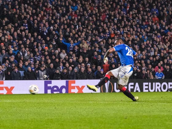 GLASGOW, SCOTLAND - DECEMBER 12: Alfredo Morelos (Rangers, blue, 20) scores to make it 1-0 during the UEFA Europa League group G match between Rangers FC and BSC Young Boys at Ibrox Stadium on December 12, 2019 in Glasgow, United Kingdom. FOC, SPO, SOC 