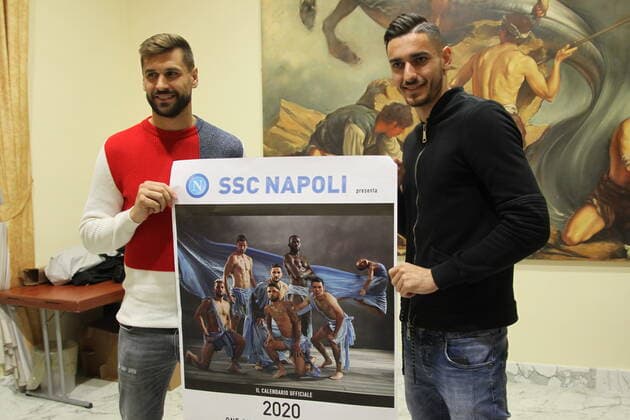 Italy: Presentation calendar 2020 football team Presentation of the official 2020 calendar of the football team of NAPOLI SSCN.In photo in order L to R: Fernando Llorente,forward (FW) of SSC NAPOLI and Alex Meret,goalkeeper (GK) of SSC NAPOLI Napoli Campania Napoli Italy SalvatorexEsposito PacificxPress