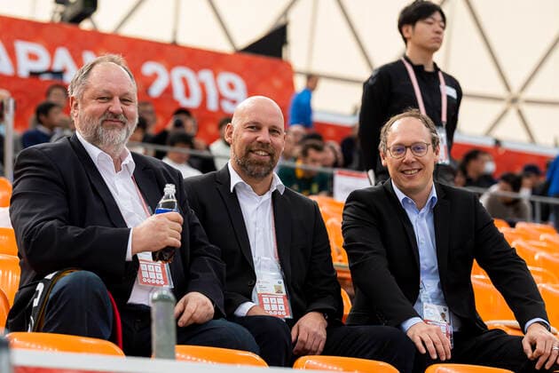 Handball, Womens World Cup 2019, Match for 7th Place, 9th Matchday, Germany Sweden from left to right DHB President Andreas Michelmann, Sports Director Axel Kromer, Managing Director Mark Schober Kumamoto Park Dome Kumamoto Japan