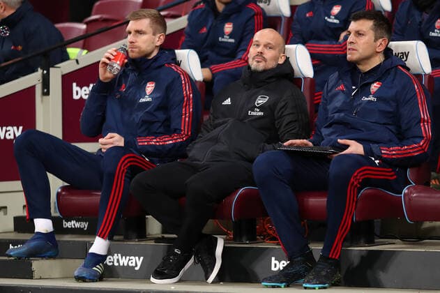 December 9, 2019, London, United Kingdom: Interim head coach of Arsenal, Freddie Ljungberg (C) looks on with his coaching staff Per Mertesacker (L) and Sal Bibbo (R) during the Premier League match between West Ham United and Arsenal FC at London Stadium. West Ham United vs Arsenal FC in London, UK - 09 Dec 2019 - ZUMAs197 20191209_zab_s197_019 Copyright: xRichardxCalverx