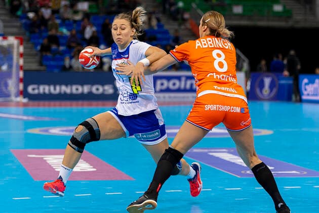 Handball, Womens World Cup 2019, Semifinals, Russia Netherlands v li Yaroslava Frolova Russia , Lois Abbingh Netherlands Kumamoto Park Dome Kumamoto Japan