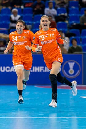 Handball, Womens World Cup 2019, Semifinals, Russia Netherlands v left Martine Smeets Netherlands , Estavana Polman Netherlands Jubel Freude Emotion Kumamoto Park Dome Kumamoto Japan
