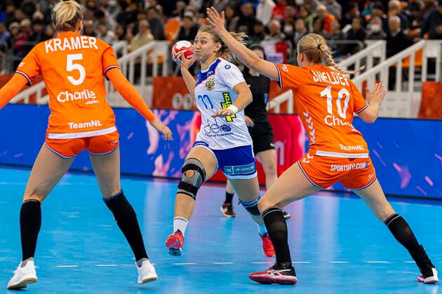 Handball, Womens World Cup 2019, Semifinals, Russia Netherlands v left Jessy Kramer Netherlands , Yaroslava Frolova Russia , Danick Snelder Netherlands Kumamoto Park Dome Kumamoto Japan