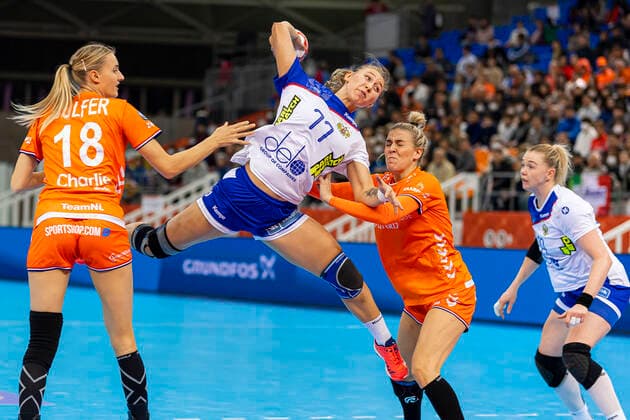 Handball, Womens World Cup 2019, Semifinals, Russia Netherlands v left Kelly Dulfer Netherlands , Yaroslava Frolova Russia Kumamoto Park Dome Kumamoto Japan