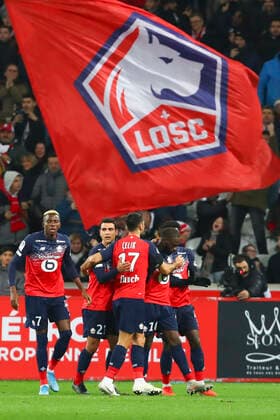 joie Jonathan Ikone (LOSC) avec Benjamin Andre (LOSC) Zeki Celik (LOSC) Victor Osihen (LOSC) FOOTBALL : LOSC vs Montpellier - Ligue 1 - 13 12 2019 GwendolineLeGoff Panoramic 