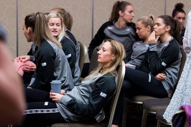 191214 Camilla Herrem looks dejected during a press meeting with the Norwegian team at the Women s World Handball Championship on December 14, 2019 in Kumamoto Photo Daniel Stiller Bildbyran kod DS 59430 bbeng dam women handball handboll world handball championship 2019 handball norway norge vm depp,  Copyright: DANIELxSTILLER BB191214DS009