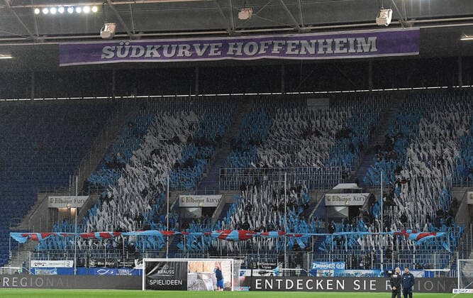 13 12 2019, xjhx, Soccer 1 Bundesliga, TSG 1899 Hoffenheim FC Augsburg emspor, v l Hoffenheimer Fans Choreo DFL DFB REGULATIONS PROHIBIT ANY USE OF PHOTOGRAPHS as IMAGE SEQUENCES and or QUASI VIDEO Sinsheim