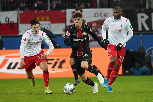 GER, 1. FBL, 1.FC Koeln vs. Bayer 04 Leverkusen 14.12.2019, RheinEnergieStadion, Koeln, GER, 1. FBL, 1.FC Koeln vs. Bayer 04 Leverkusen, DFL regulations prohibit any use of photographs as image sequences and or quasi-video im Bild picture shows: Kai Havertz (Leverkusen 29), im Zweikampf gegen Noah Katterbach (FC Koeln 34), Anthony (Toni) Modeste (FC Koeln 27), *** GER, 1 FBL, 1 FC Koeln vs. Bayer 04 Leverkusen 14 12 2019, RheinEnergieStadion, Koeln, GER, 1 FBL, 1 FC Koeln vs. Bayer 04 Leverkusen, DFL regulations prohibit any use of photographs as image sequences and or quasi video in picture shows Kai Havertz Leverkusen 29 , in the duel against Noah Katterbach FC Koeln 34 , Anthony Toni Modeste FC Koeln 27 , nordphotox xMeuter nph00351