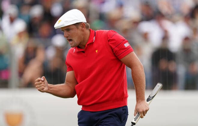 GOLF PRESIDENTS CUP, Bryson DeChambeau of the United States celebrates on the 16th hole during Sunday Singles matches during the Sunday singles matches on day four of the 2019 Presidents Cup golf tournament at the Royal Melbourne Golf Club in Melbourne, Sunday, December 15, 2019. ( NO ARCHIVING, EDITORIAL USE ONLY, NO USE IN BOOKS WITHOUT CONSENT MELBOURNE VIC AUSTRALIA  Copyright: xSCOTTxBARBOURx 20191215001438044497