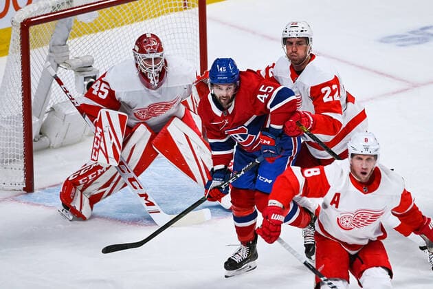 MONTREAL, QC - DECEMBER 14: Detroit Red Wings defenceman Patrik Nemeth (22) tries to push away Montreal Canadiens right wing Riley Barber (45) from the front of the net during the Detroit Red Wings versus the Montreal Canadiens game on December 14, 2019, at Bell Centre in Montreal, QC (Photo by David Kirouac Icon Sportswire) NHL, Eishockey Herren, USA DEC 14 Red Wings at Canadiens Icon191214064