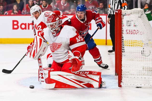 MONTREAL, QC - DECEMBER 14: Detroit Red Wings goalie Jonathan Bernier (45) makes a save during the Detroit Red Wings versus the Montreal Canadiens game on December 14, 2019, at Bell Centre in Montreal, QC (Photo by David Kirouac Icon Sportswire) NHL, Eishockey Herren, USA DEC 14 Red Wings at Canadiens Icon191214073