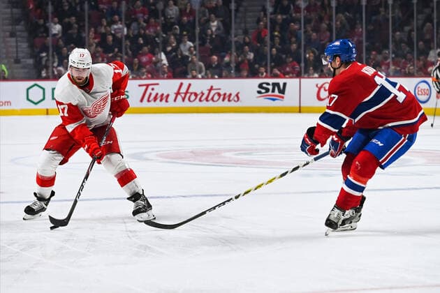 MONTREAL, QC - DECEMBER 14: Detroit Red Wings defenceman Filip Hronek (17) considers his options during the Detroit Red Wings versus the Montreal Canadiens game on December 14, 2019, at Bell Centre in Montreal, QC (Photo by David Kirouac Icon Sportswire) NHL, Eishockey Herren, USA DEC 14 Red Wings at Canadiens Icon191214094