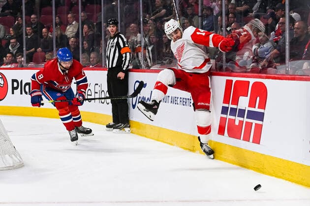 Sport Bilder des Tages MONTREAL, QC - DECEMBER 14: Detroit Red Wings center Robby Fabbri (14) hits the board while chased by Montreal Canadiens defenceman Ben Chiarot (8) and looses control of the puck during the Detroit Red Wings versus the Montreal Canadiens game on December 14, 2019, at Bell Centre in Montreal, QC (Photo by David Kirouac Icon Sportswire) NHL, Eishockey Herren, USA DEC 14 Red Wings at Canadiens Icon191214104