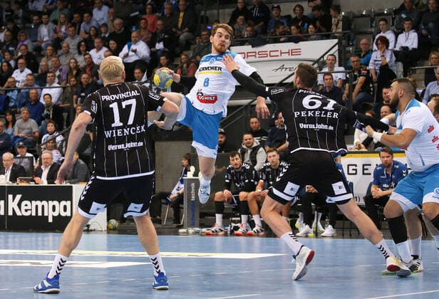 15 12 2019, Germany, Stuttgart, Handball 1 Bundesliga Season 2019 2020 TVB 1898 Stuttgart vs. THW Kiel vs. l Patrick Wiencek THW , Rudolf Faluvegi TVB , Hendrik Pekeler THW , Robert Markotic TVB