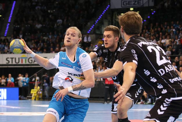 15 12 2019, Germany, Stuttgart, Handball 1 Bundesliga Season 2019 2020 TVB 1898 Stuttgart vs. THW Kiel vs. Elvar Asgeiersson TVB , Steffen Weinhold THW , Rune Dahmke THW