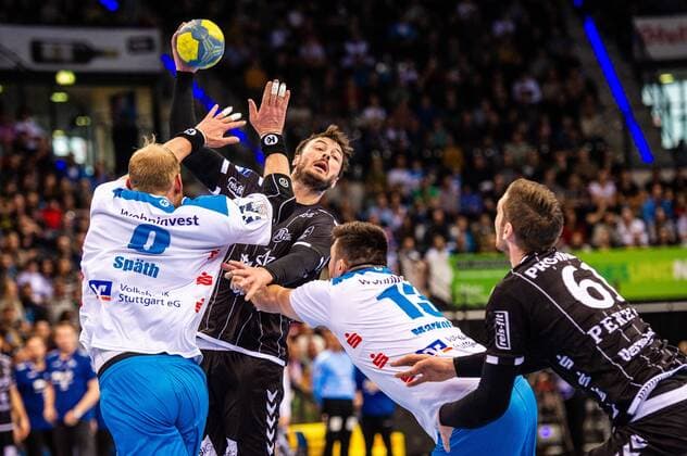 Duvnjak, Domagoj THW Kiel 4 Spaeth, Manuel TVB Stuttgart 9 Markotic, Robert TVB Stuttgart 13 Pekeler, Hendrik THW Kiel 61 at the match in the Handball Bundesliga, TVB 1898 Stuttgart THW Kiel Stuttgart 15 12 19 Handball , Stuttgart Baden Wuerttemberg Germany