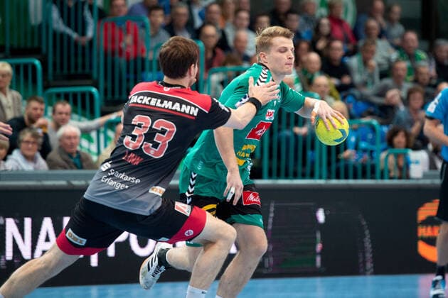 Minden, Germany 15 12 2019 1 Handball Bundesliga 2019 2020 GWD Minden vs HC Erlangen L R Nikolai Link Erlangen , Christoph Reißky Minden Minden North Rhine-Westphalia Germany Kampa Halle
