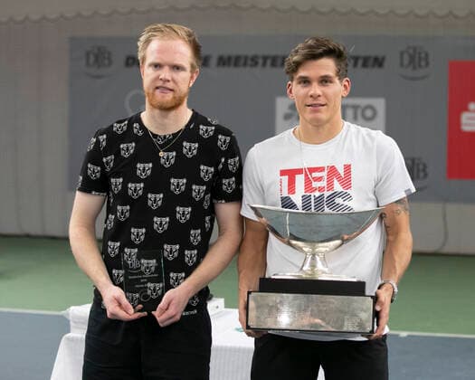 Winner Daniel Masur and finalist Leonard von Hindte with the trophy, trophy award ceremony, presentation German Championship in Biberach an der Riß, 48 German Indoor Championships 2019 Copyright: xJuergenxHasenkopfx