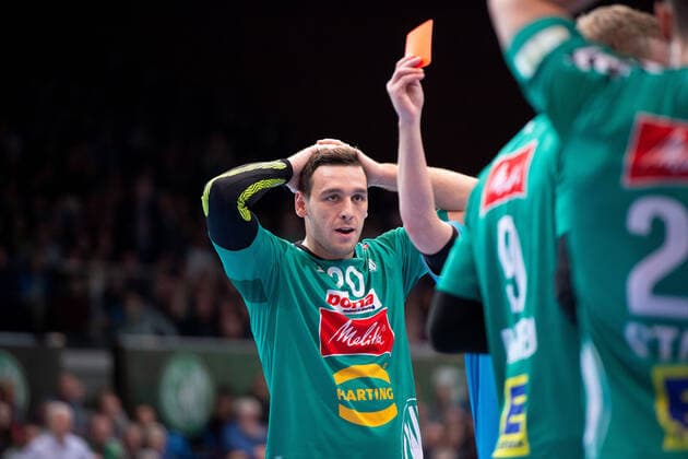 Minden, Germany 15 12 2019 1 Handball Bundesliga 2019 2020 GWD Minden vs HC Erlangen Miljan Pusica Minden after red card against Christoffer Rambo Minden Minden Nordrhein Westfalen Germany Kampa Halle