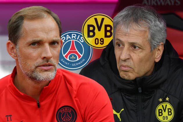 Borussia Dortmund meets in Champions League round of 16 against Paris Saint Germain Archivfoto Thomas TUCHEL Trainer Paris St Germain meets Lucien FAVRE Trainer Borussia Dortmund , Football 1 Bundesliga, DFL REGULATIONS PROHIBIT ANY USE OF PHOTOGRAPHS AS IMAGE SEQUENCES AND OR QUASI VIDEO Â
