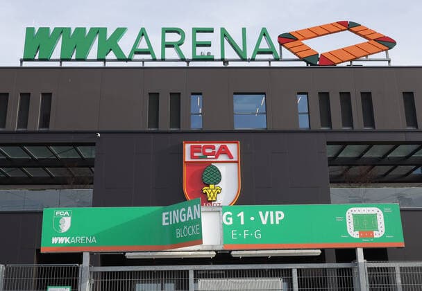 Wind damage at the main entrance to the WWK Arena FC Augsburg, press conference before the match against Fortuna Düsseldorf