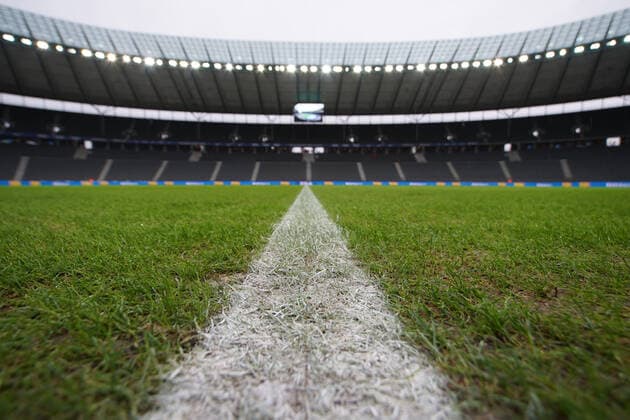 Turf of the Olympiastadion of Berlin, with centre line scattered, 1 BL 19 20 15 Sptg Hertha BSC Berlin SC Freiburg DFL REGULATIONS PROHIBIT ANY USE OF PHOTOGRAPHS AS IMAGE SEQUENCES AND OR QUASI VIDEONann 1 BL 19 20 15 Sptg Hertha BSC Berlin SC Freiburg Berlin Copyright: xHahnex Eibner-Pressefotox EP_joha