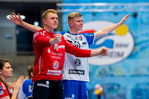 Bietigheim, Germany 21 December 2019 Handball 2 BL 19 20 SG BBM Bietigheim vs TV Hüttenberg Goalkeeper Simon Böhne Boehne Huettenberg , Tristan Kirschner Huettenberg Bietigheim Egetrans Arena Baden Württemberg Germany