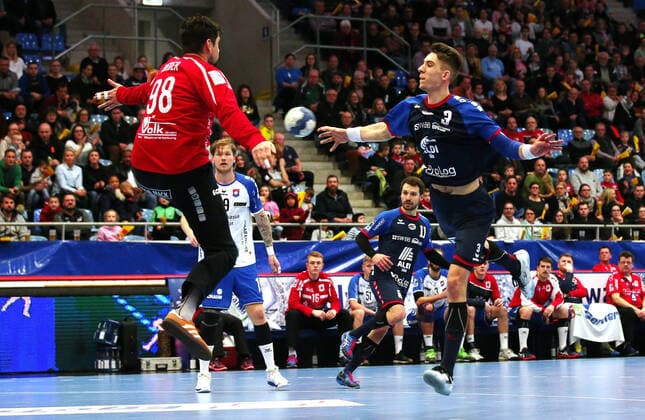 21 12 2019, Germany, Bietigheim, Handball 2 Bundesliga Men Season 2019 2020 SG BBM Bietigheim vs TV 05 07 Hüttenberg vs. l Nikolai Weber TVH , Nikola Vlahovic BBM