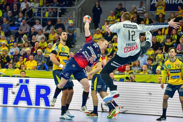 LIQUI MOLY Handball Bundesliga 2019 2020 21 12 2019 Rhein Neckar Löwen SG Flensburg Handewitt, SAP Arena Mannheim Anders Zachariassen SG Flensburg Handewitt, 22 Andreas Palicka Goalkeeper, RNL, 12 Goal Throw Action Goalkeeper Goal, 21 12 2019, Mannheim Germany , Handball, Bundesliga, Rhein Neckar Löwen SG Flensburg Handewitt xshx