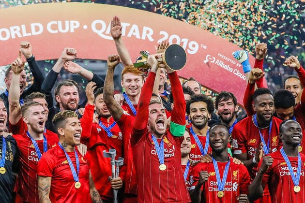 December 21, 2019, Doha, QATAR: Jordan Henderson raises cup with Liverpool players celebrating after Flamengo match at FIFA Club World Cup Final at Khalifa International Stadium in Doha, Qatar Partida entre Liverpool e Flamengo - ZUMAv122 20191221_zap_v122_023 Copyright: xWilliamxVolcovx
