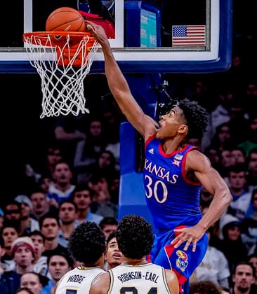December 21, 2019, Philadelphia, PA, USA: December 21, 2019: Kansas guard Ochai Agbaji 30 converts a slam dunk for a basket during the NCAA, College League, USA basketball matchup between the Kansas Jayhawks and Villanova Wildcats at the Wells Fargo Center in Philadelphia, Pennsylvania.The 18th-ranked Wildcats defeated the 1-ranked Jayhawks 56-55. Cal Media NCAA Basketball 2019: Kansas v Villanova DEC 21 - ZUMAcs17 20191221_zaf_cs17_054 Copyright: xScottxSeriox