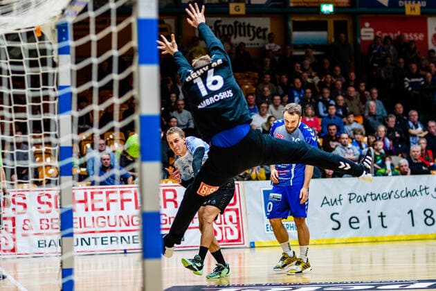Rene Gruzka 18 Eintracht Hildesheim , Philip Ambrosius 16 Dessau Rosslauer HV 06 , Vincent Sohmann 10 Dessau Rosslauer HV 06 during the match in the 3 League North East Men Handball Season 2019 2020 between Dessau Rosslauer HV 06 and Eintracht Hildesheim in the Anhalt Arena on 22 December 2019 in Dessau Rosslau, Saxony Anhalt, Germany