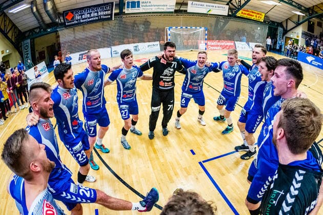 Jubilation at the Dessau Rosslauer HV 06 after the last victory of the year during the match in the 3 League North East Men Handball Season 2019 2020 between Dessau Rosslauer HV 06 and Eintracht Hildesheim in the Anhalt Arena on 22 December 2019 in Dessau Rosslau, Saxony Anhalt, Germany