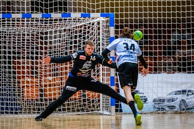 Philip Ambrosius 16 Dessau Rosslauer HV 06 , Lothar von Hermanni 34 Eintracht Hildesheim during the match in the 3 League North East Men Handball Season 2019 2020 between Dessau Rosslauer HV 06 and Eintracht Hildesheim in the Anhalt Arena on 22 December 2019 in Dessau Rosslau, Saxony Anhalt, Germany