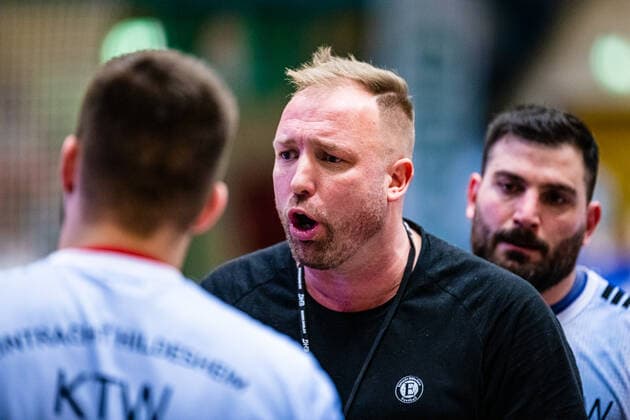 Coach Jürgen Bätjer Eintracht Hildesheim during the match in the 3 League North East Men Handball Season 2019 2020 between Dessau Rosslauer HV 06 and Eintracht Hildesheim in the Anhalt Arena on 22 December 2019 in Dessau Rosslau, Saxony Anhalt, Germany