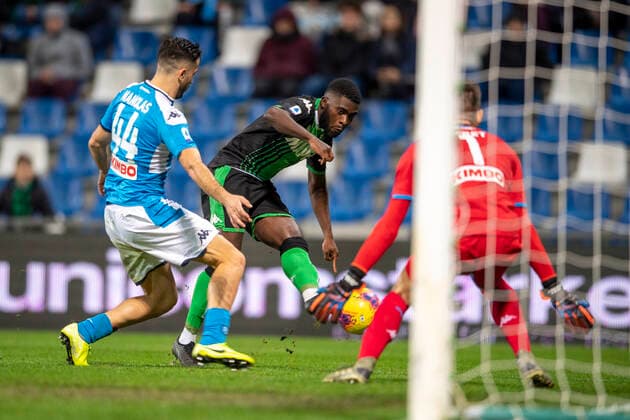 Jeremie Boga (Sassuolo) during the Italian Serie A match between Sassuolo 1-2 Napoli at Mapei Stadium on December 22 , 2019 in Reggio Emilia, Italy. Noxthirdxpartyxsales  (118922602)
