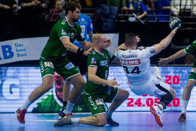 26 12 2019, xfrx, Handball Bundesliga, Fuechse Berlin SC DHfK Leipzig emspor, f l Paul Drux Fuechse Berlin ,Alen Milosevic SC DHfK Leipzig DFL DFB REGULATIONS PROHIBIT ANY USE OF PHOTOGRAPHS as IMAGE SEQUENCES and or QUASI VIDEO Berlin