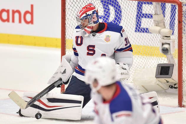 Spencer Knight, goalkeeper of USA, in action during the 2020 IIHF World Junior Ice hockey, Eishockey Championships Group B match between Canada and USA in Ostrava, Czech Republic, on December 26, 2019. (CTKxPhoto JaroslavxOzana) CTKPhotoP201912260446701  JAO 02