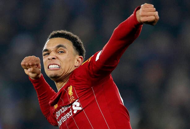 Sport Bilder des Tages Trent Alexander-Arnold of Liverpool celebrates Roberto Firmino s second goal against Leicester City during the Premier League match at the King Power Stadium, Leicester. Picture date: 26th December 2019. Picture credit should read: Darren Staples Sportimage EDITORIAL USE ONLY. No use with unauthorised audio, video, data, fixture lists, club league logos or live services. Online in-match use limited to 120 images, no video emulation. No use in betting, games or single club league player publications. SPI-0397-0028